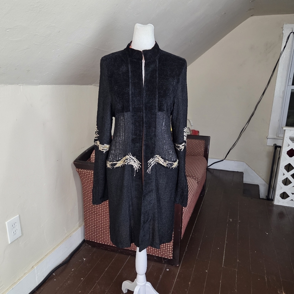 Minanorton New York Black Textured Embroidered Long Cardigan Coat Fit Small